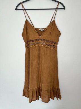 Love Tree Boho Mini Dress Large Brown Crochet Lace Flowy Sundress